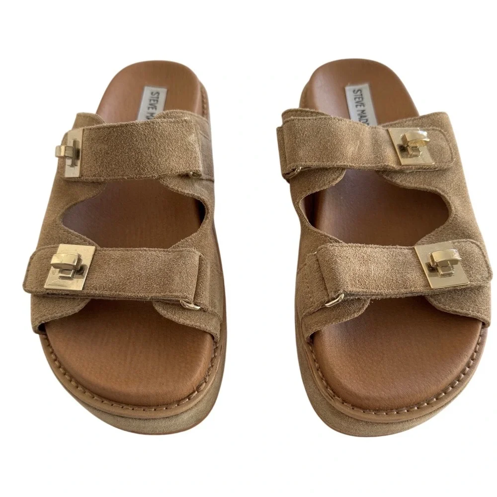 Steve Madden Bigschmona Taupe Suede Platform Slide Sandals Gold Hardware 8.5 - Picture 3 of 8